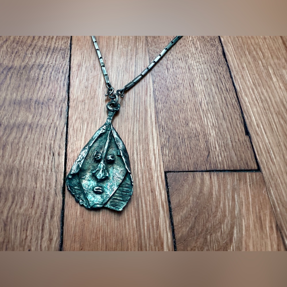 Brutalist Handcrafted Silver Patina Face Pendant Necklace